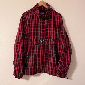 Supreme FW18 Red Nylon Plaid Pullover Jacket Half Zip Jacket Size Large
